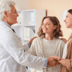 Participant preparing for first clinical trial visit with research staff